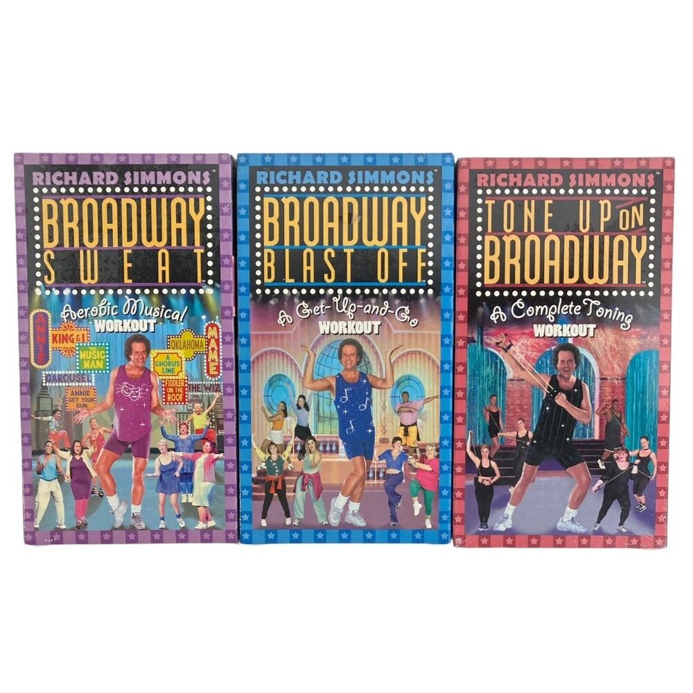 Richard Simmons 3 VHS Sealed Broadway Sweat Blast Off Tone Up Workouts - No Cord